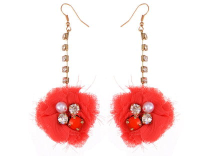 Element Gold Floral Coral Pink Fuzzy Fabric Ball Dangle Earring