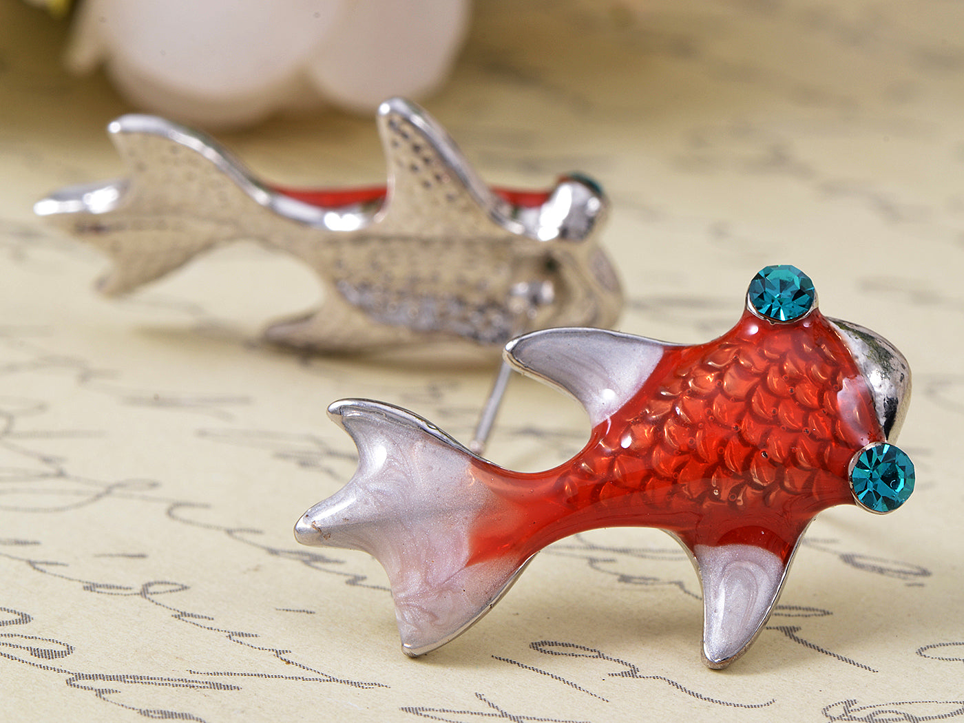 Swarovski Crystal Element Silver Red Nautical Japanese Koi Fish Stud Earrings