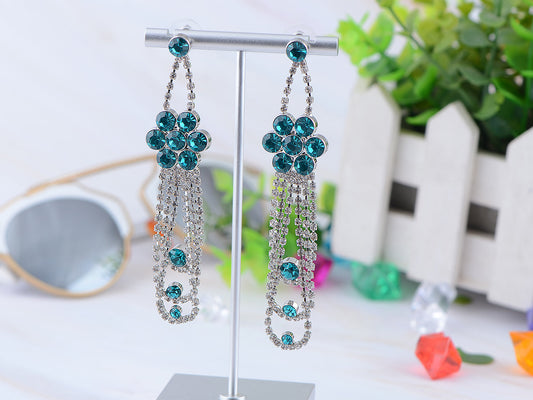 Swarovski Crystal Aquamarine Blue Zircon Flower Vine Long Dangle Drop Earrings