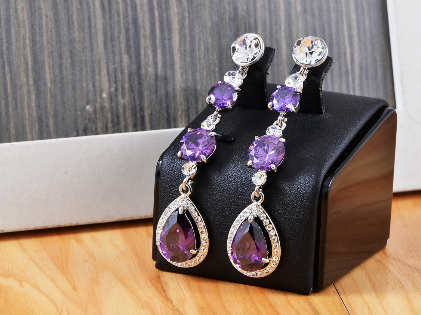 Swarovski Crystal Element Silver Purple Teardrop Dangle Drop Earrings