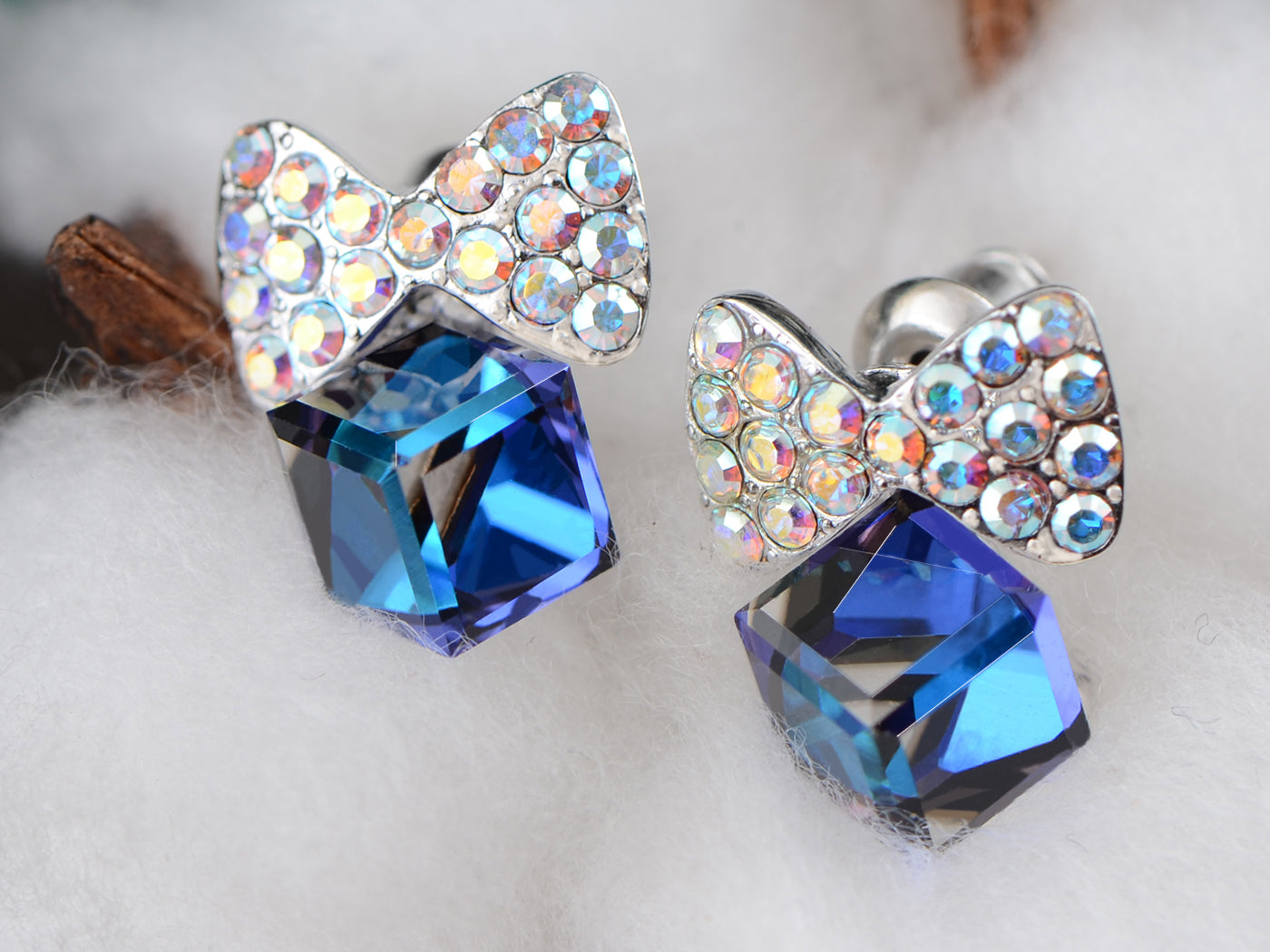 Swarovski Crystal Element Silver Sapphire Blue Colored Cube Bow Ribbon Stud Earrings