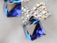 Swarovski Crystal Element Silver Sapphire Blue Colored Cube Bow Ribbon Stud Earrings