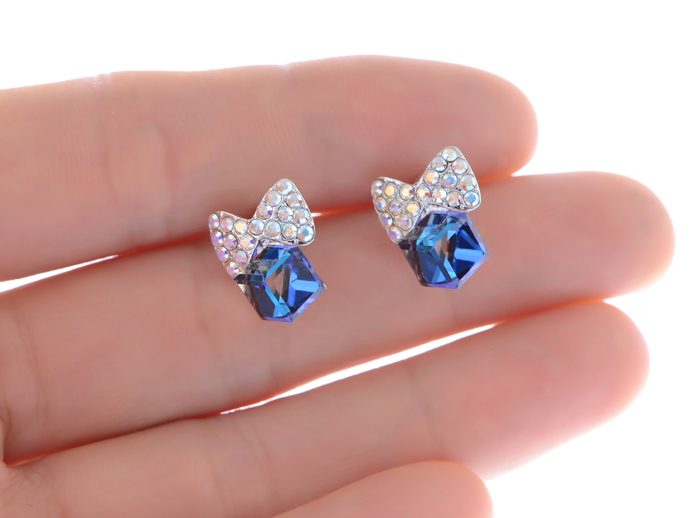 Swarovski Crystal Element Silver Sapphire Blue Colored Cube Bow Ribbon Stud Earrings