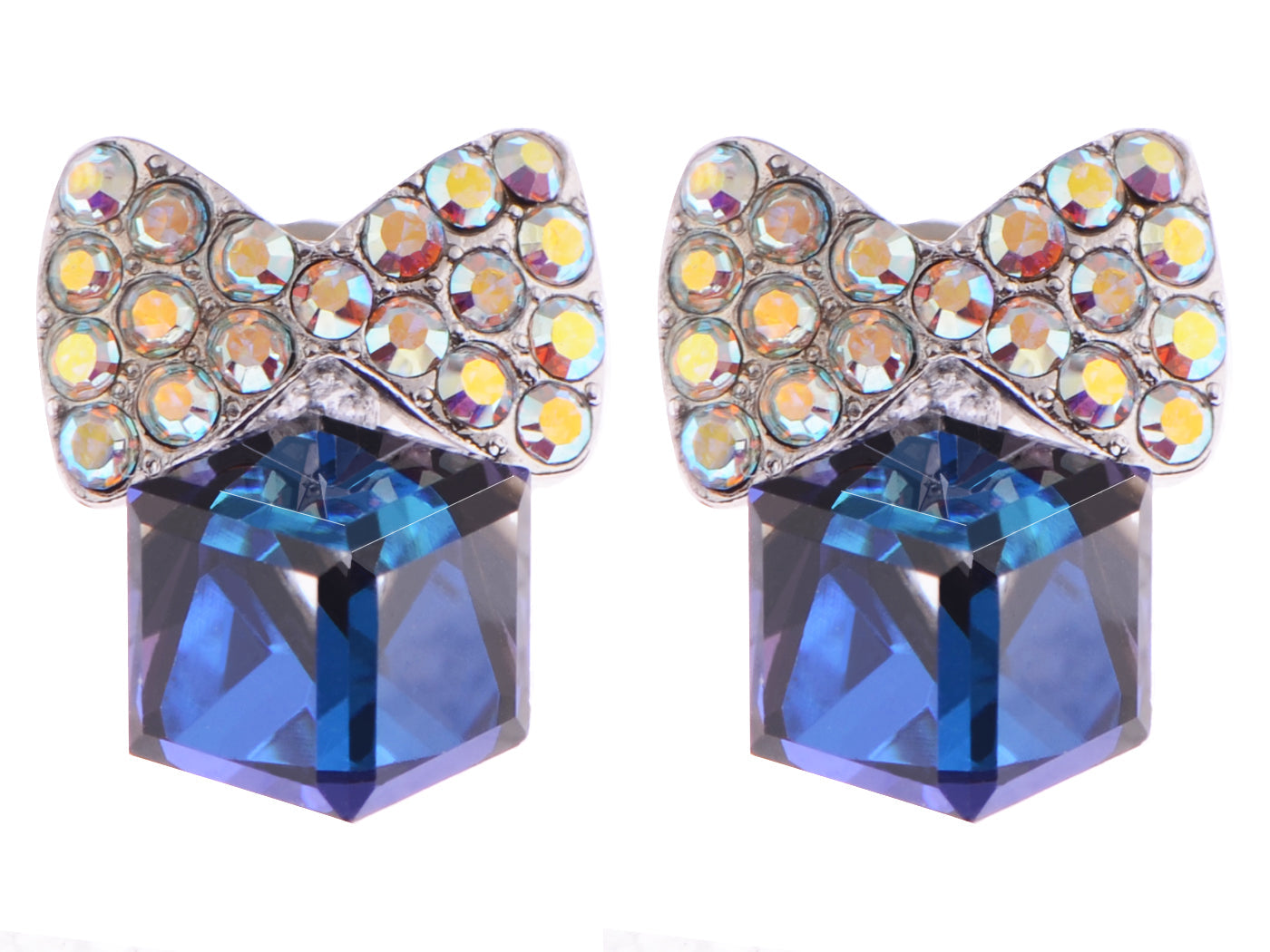 Swarovski Crystal Element Silver Sapphire Blue Colored Cube Bow Ribbon Stud Earrings