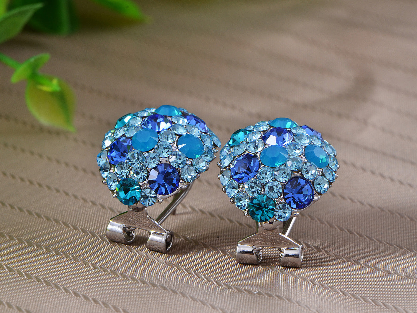 Swarovski Crystal Element Silver Teal Blue Oval Clamp Stud Earrings