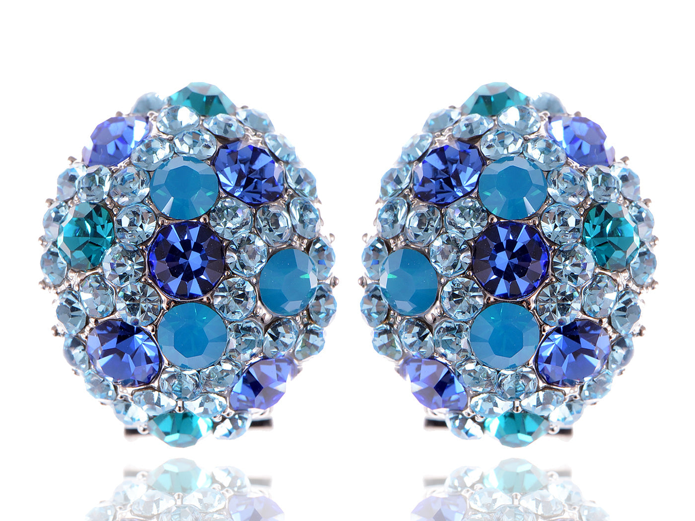 Swarovski Crystal Element Silver Teal Blue Oval Clamp Stud Earrings