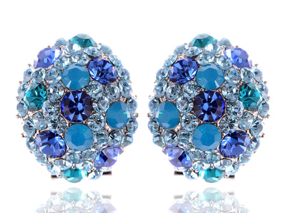 Swarovski Crystal Element Silver Teal Blue Oval Clamp Stud Earrings