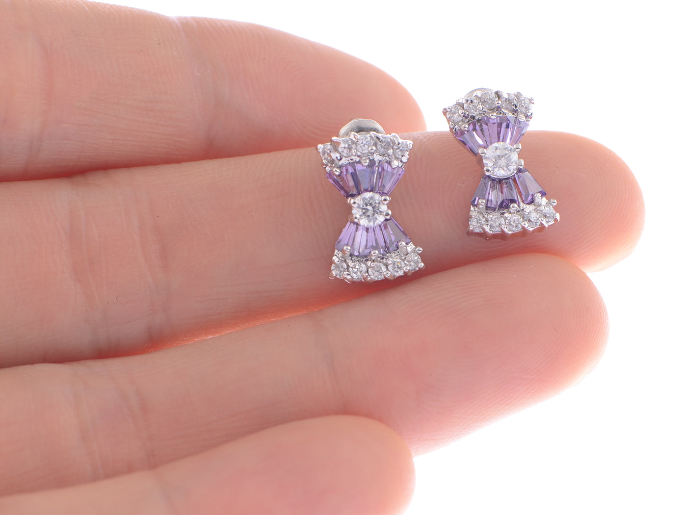 Swarovski Crystal Element Silver Purple Vertical Bow Ribbon Tie Stud Earrings