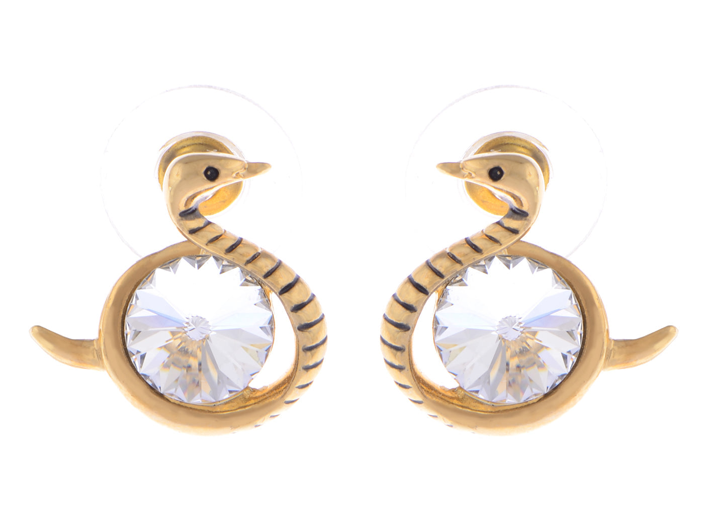 Swarovski Crystal Element Gold Colored Circle Gems Swan Bird Stud Earrings