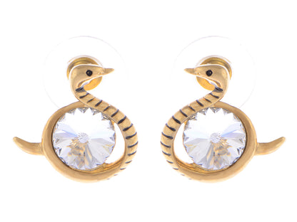 Swarovski Crystal Element Gold Colored Circle Gems Swan Bird Stud Earrings