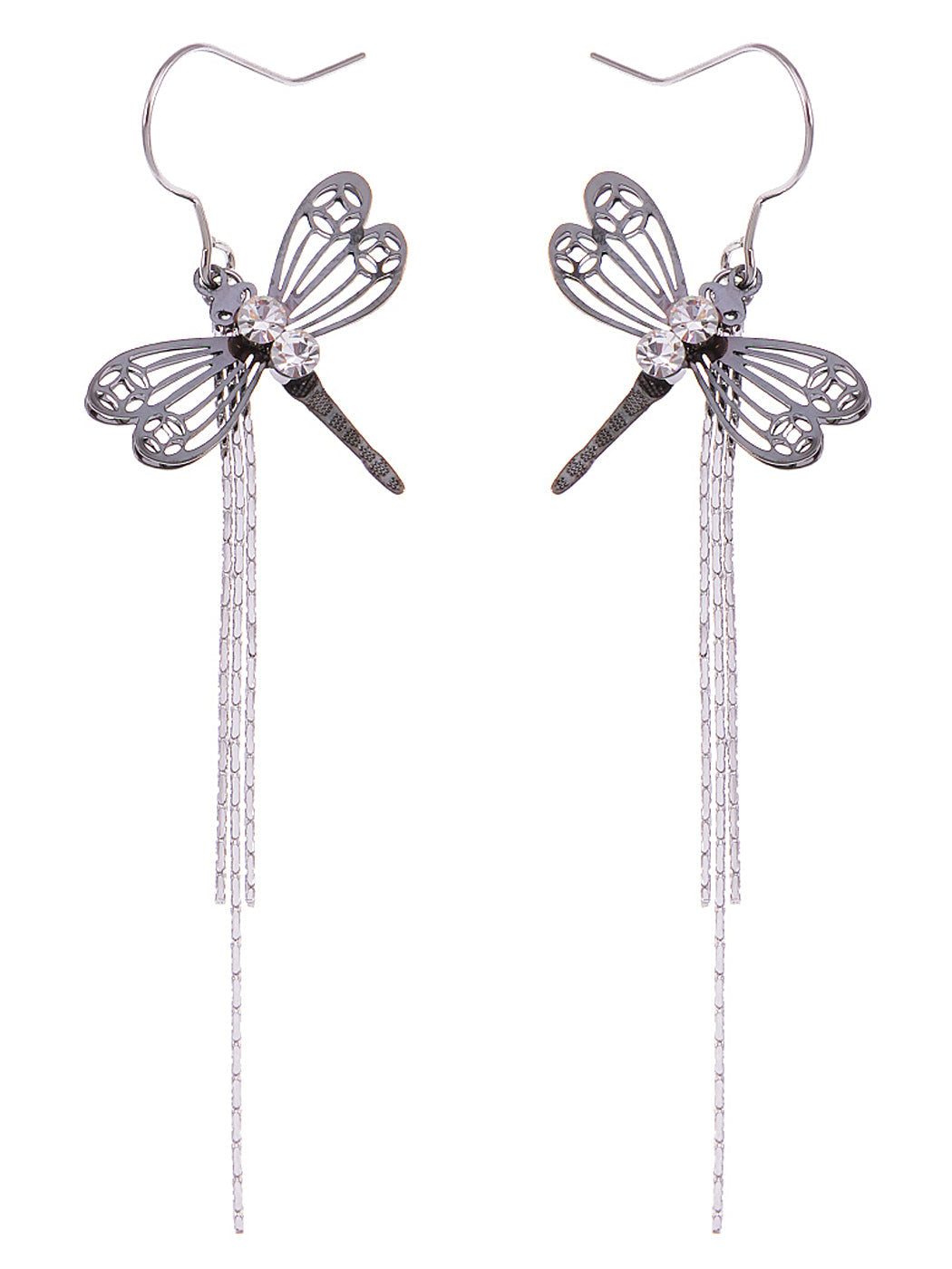 Swarovski Crystal Element Silver Black Dragonfly Long Fish Hook Dangle Drop Earrings