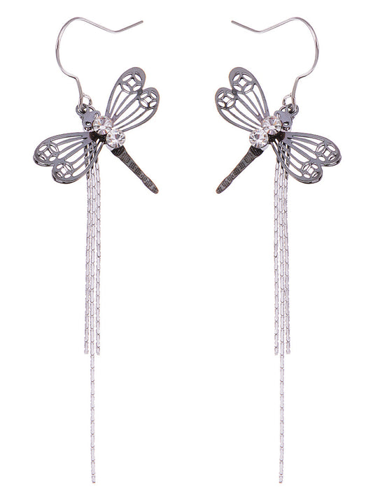 Swarovski Crystal Element Silver Black Dragonfly Long Fish Hook Dangle Drop Earrings