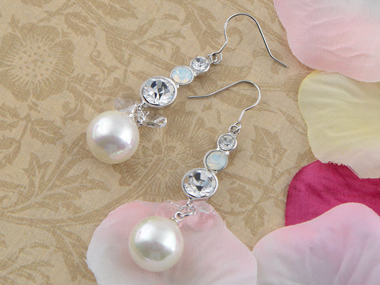 Swarovski Crystal Element Silver Pearl Colored Fish Hook Dangle Earrings