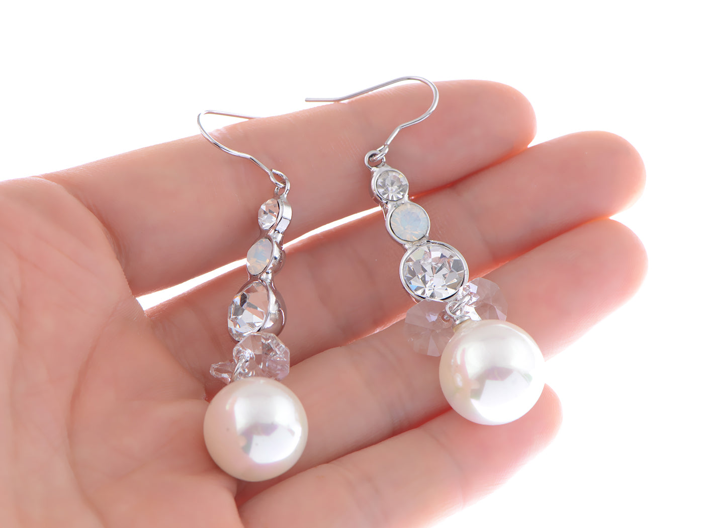 Swarovski Crystal Element Silver Pearl Colored Fish Hook Dangle Earrings