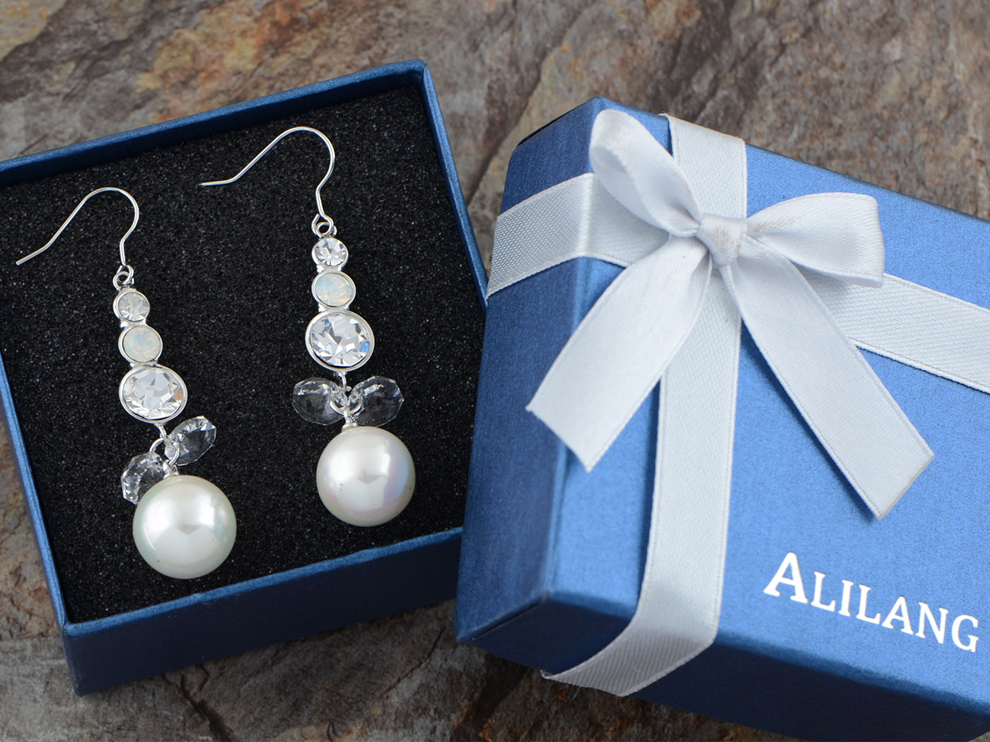 Swarovski Crystal Element Silver Pearl Colored Fish Hook Dangle Earrings