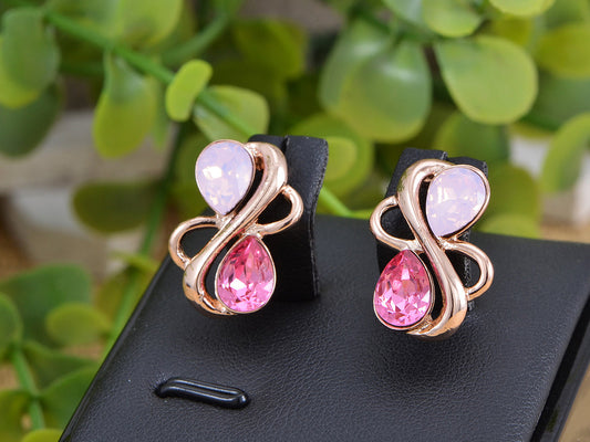 Swarovski Crystal Element Rose Gold Pink Teardrop Abstract Infinity Symbol Sign Stud Earrings