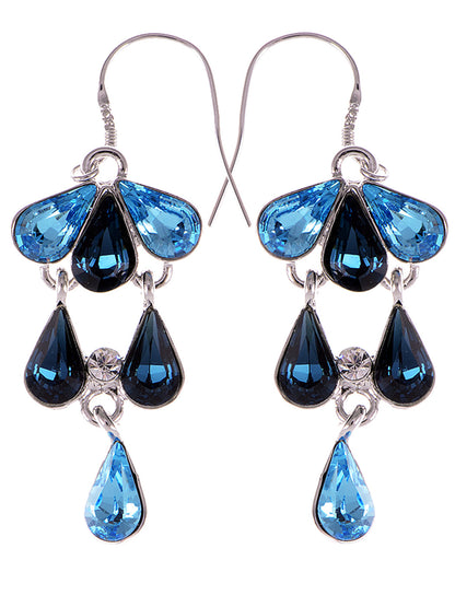 Swarovski Crystal Element Silver Blue Rain Teardrop Cluster Fish Hook Dangle Earrings