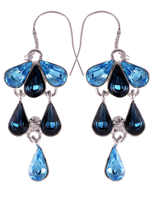 Swarovski Crystal Element Silver Blue Rain Teardrop Cluster Fish Hook Dangle Earrings