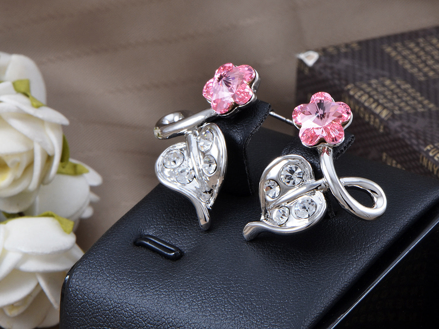 Swarovski Crystal Element Silver Pink Flower Leaf Swirl Stud Earrings