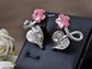 Swarovski Crystal Element Silver Pink Flower Leaf Swirl Stud Earrings