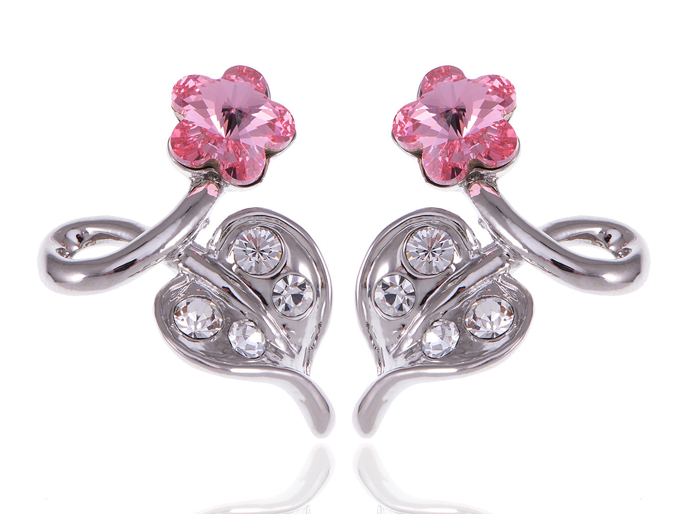 Swarovski Crystal Element Silver Pink Flower Leaf Swirl Stud Earrings