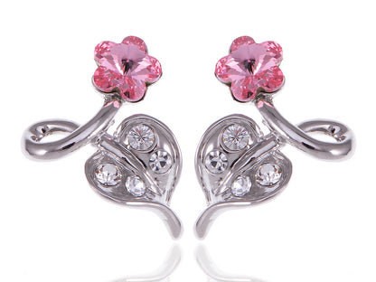 Swarovski Crystal Element Silver Pink Flower Leaf Swirl Stud Earrings