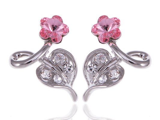 Swarovski Crystal Element Silver Pink Flower Leaf Swirl Stud Earrings