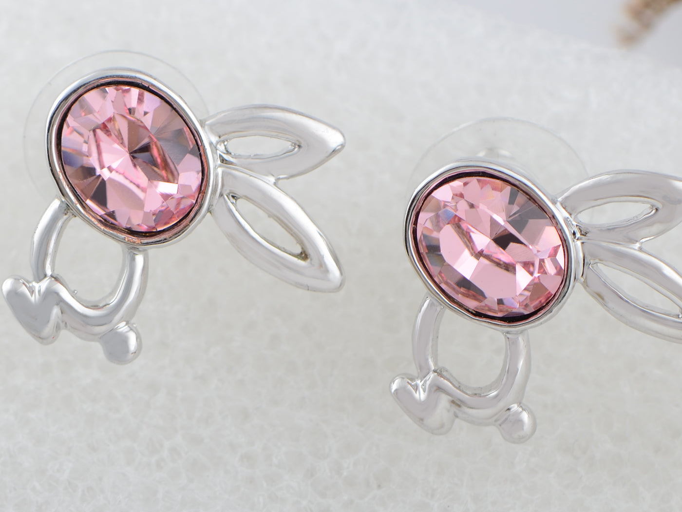 Swarovski Crystal Element Silver Pink Flower Leaf Swirl Stud Earrings