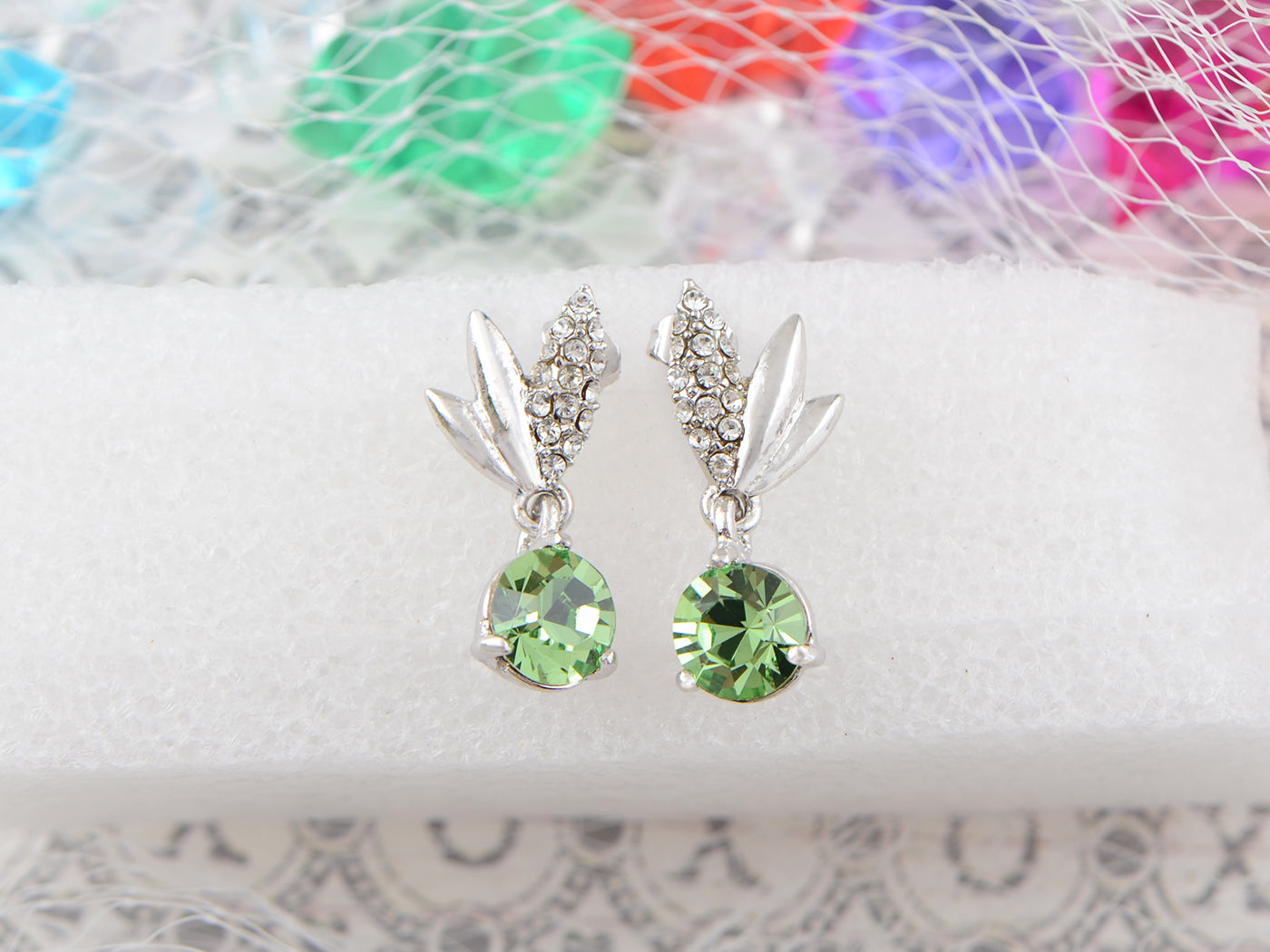 Swarovski Crystal Element Silver Green Circle Leaf Wing Dangle Earrings