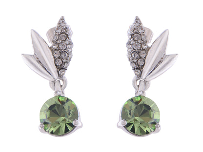 Swarovski Crystal Element Silver Green Circle Leaf Wing Dangle Earrings