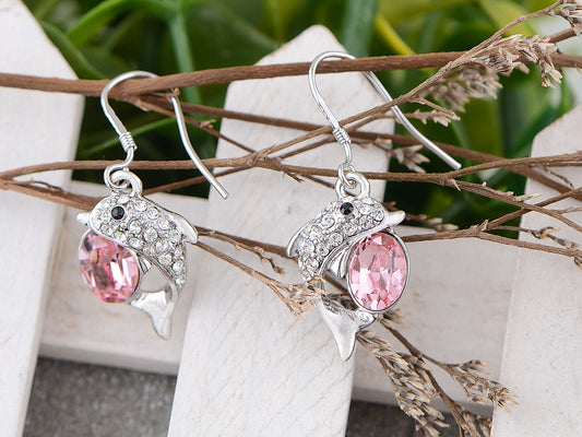 Swarovski Crystal Element Silver Pink Sea Dolphin Fish Hook Dangle Earrings