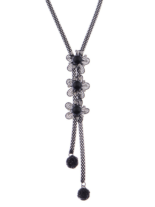 Dangling Black Cut Out Flower Trio Jewelry Necklace