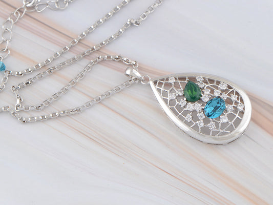 Swarovski Crystal Tear Drop Blue Web Net Pendant Necklace