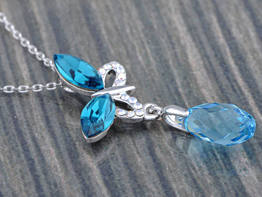 Aqua Blue Art Zircon Dangle Drop Butterfly Pendant Necklace