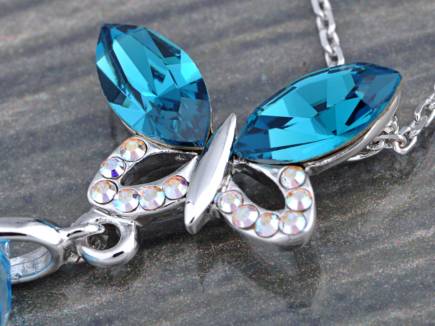 Aqua Blue Art Zircon Dangle Drop Butterfly Pendant Necklace