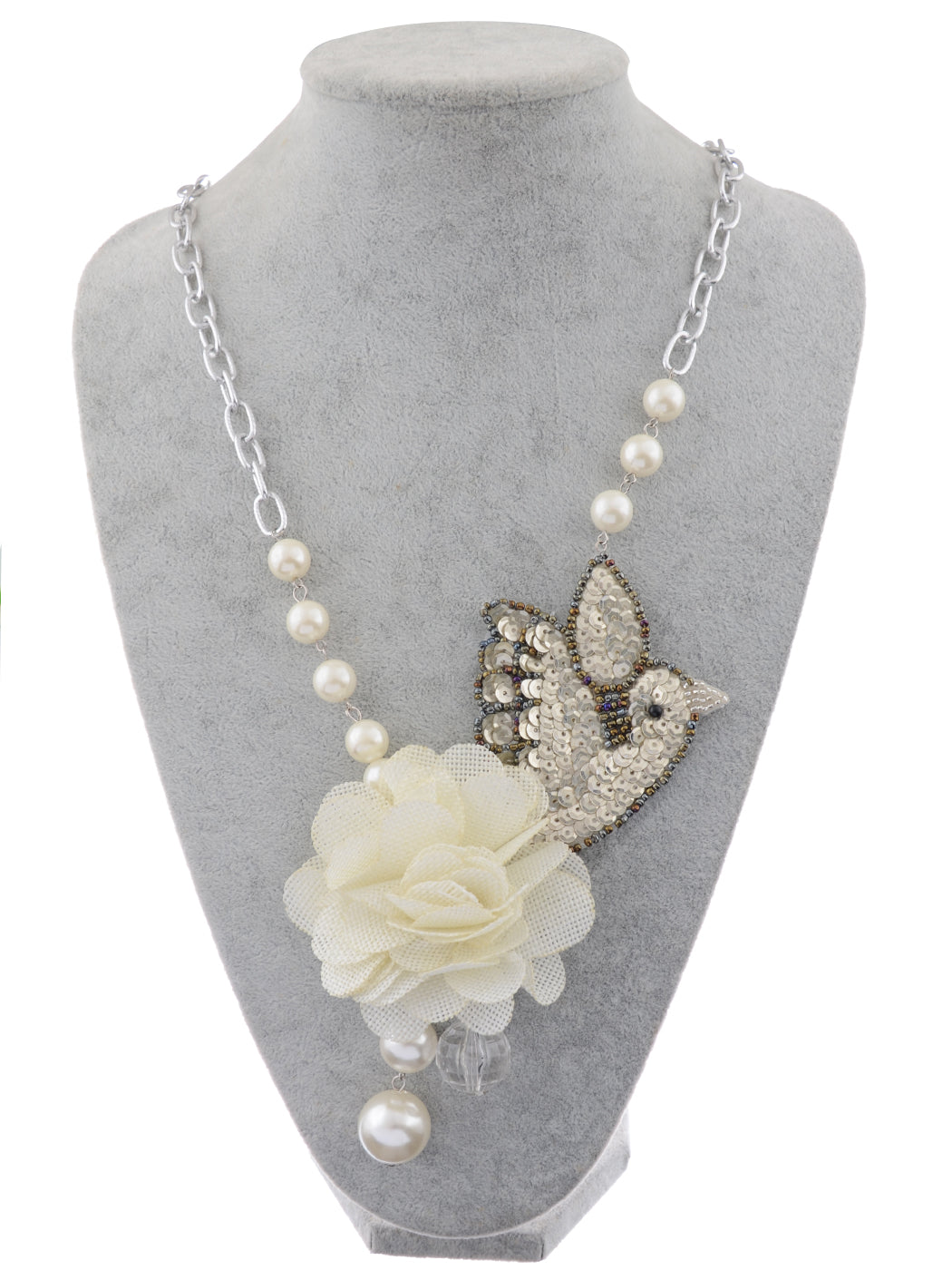 Cream Flower Mesh Fabric Love Dove Topaz Bird Pearl Strand Necklace