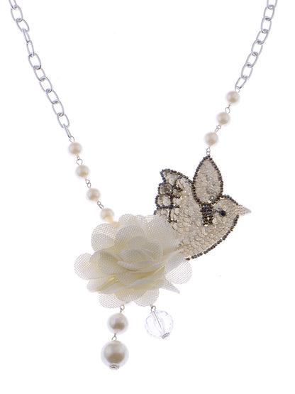 Cream Flower Mesh Fabric Love Dove Topaz Bird Pearl Strand Necklace