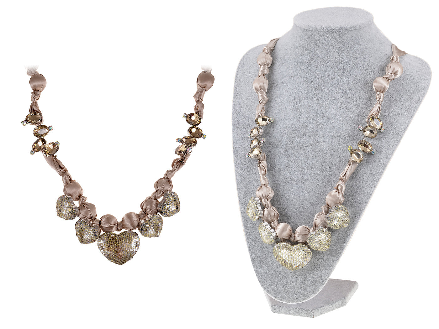 Champagne Nude Satin Fabric Heart Shaped Gems Wrap Necklace