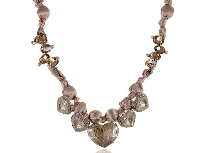 Champagne Nude Satin Fabric Heart Shaped Gems Wrap Necklace