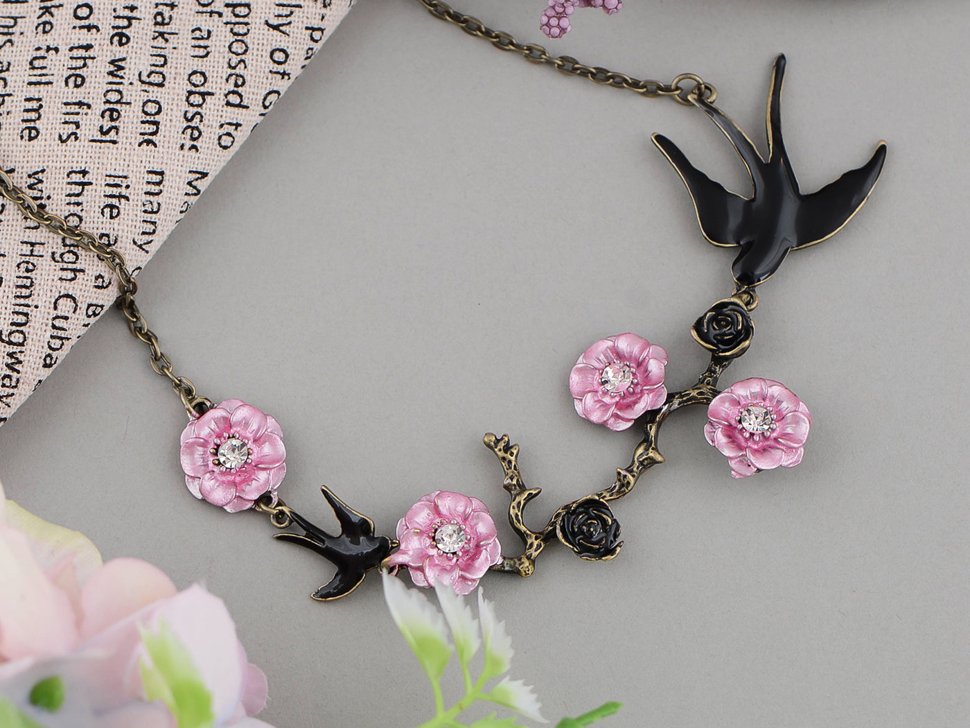 Alilang Antique Golden Hand Painted Pink Cherry Blossom Flower Enamel Black Sparrow Birds Necklace