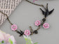 Alilang Antique Golden Hand Painted Pink Cherry Blossom Flower Enamel Black Sparrow Birds Necklace