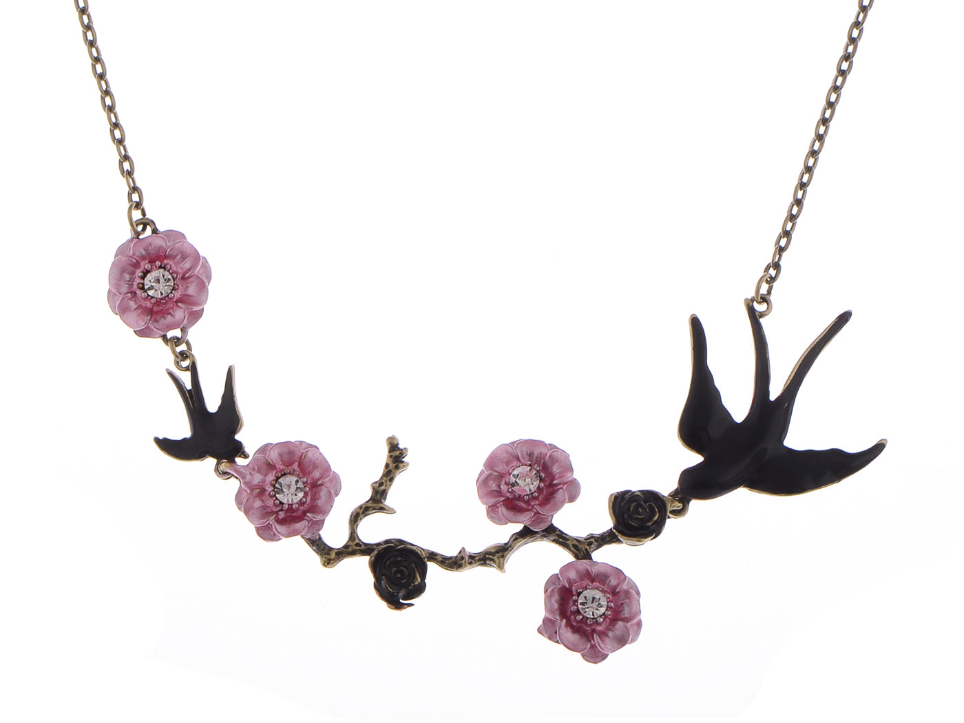 Alilang Antique Golden Hand Painted Pink Cherry Blossom Flower Enamel Black Sparrow Birds Necklace