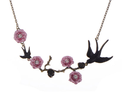 Alilang Antique Golden Hand Painted Pink Cherry Blossom Flower Enamel Black Sparrow Birds Necklace
