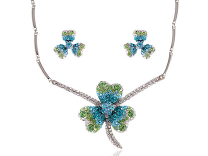 Swarovski Crystal Lucky Blue Green Irish Clover Earring Necklace Set