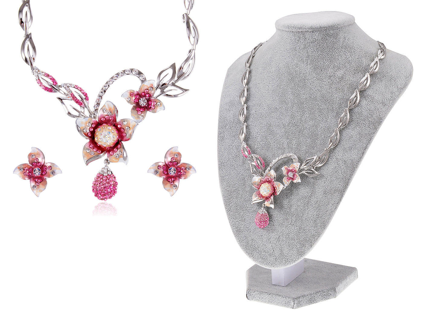 Swarovski Crystal Painted Pink White Plumeria Flower Dangle Necklace Earring Set