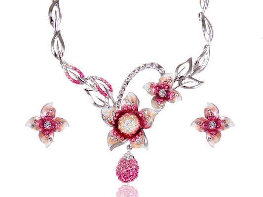 Swarovski Crystal Painted Pink White Plumeria Flower Dangle Necklace Earring Set