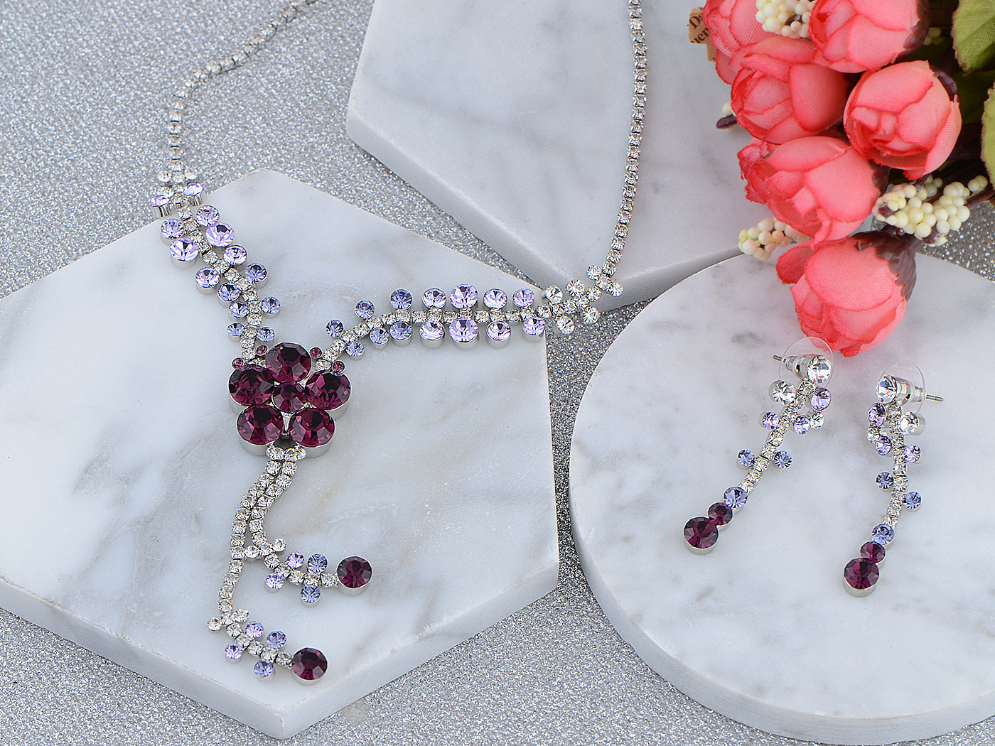 Swarovski Crystal Deate Blue Amethyst Butterfly Dangle Necklace Earring Set (Purple 1)