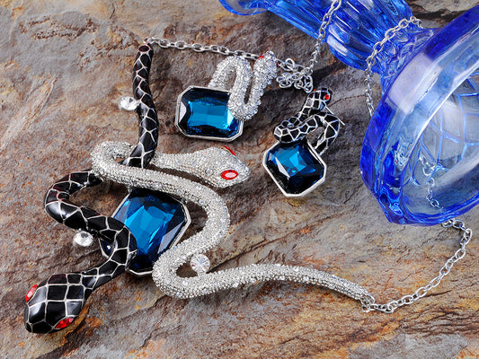 Sapphire Blue Black Silver Enamel Twin Snakes Necklace Earring Set