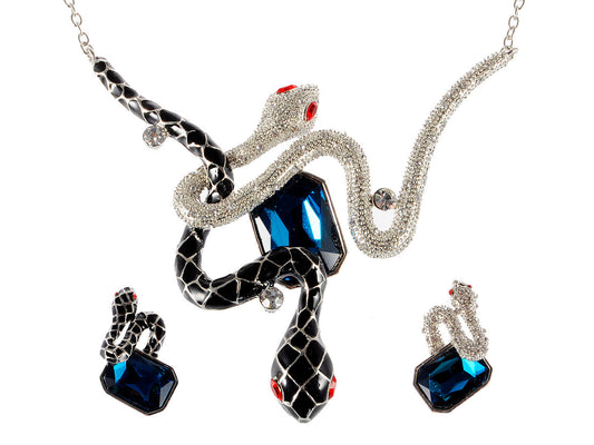 Sapphire Blue Black Silver Enamel Twin Snakes Necklace Earring Set