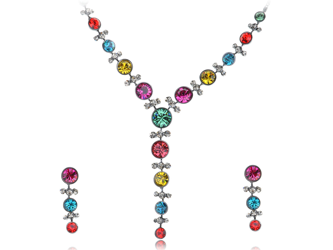 Swarovski Crystal Gun Multicolored Circle Y Shape Necklace Earrings Set